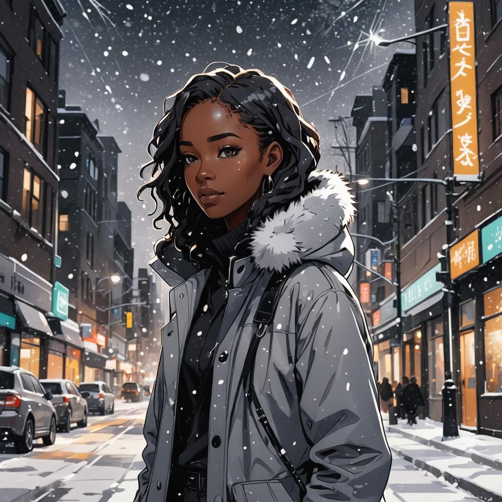 Black Girl Illuminated by Winter City Lights in Manga Style