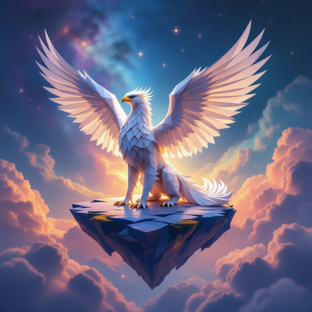 Origami Griffin on Floating Island in Nebula Sky