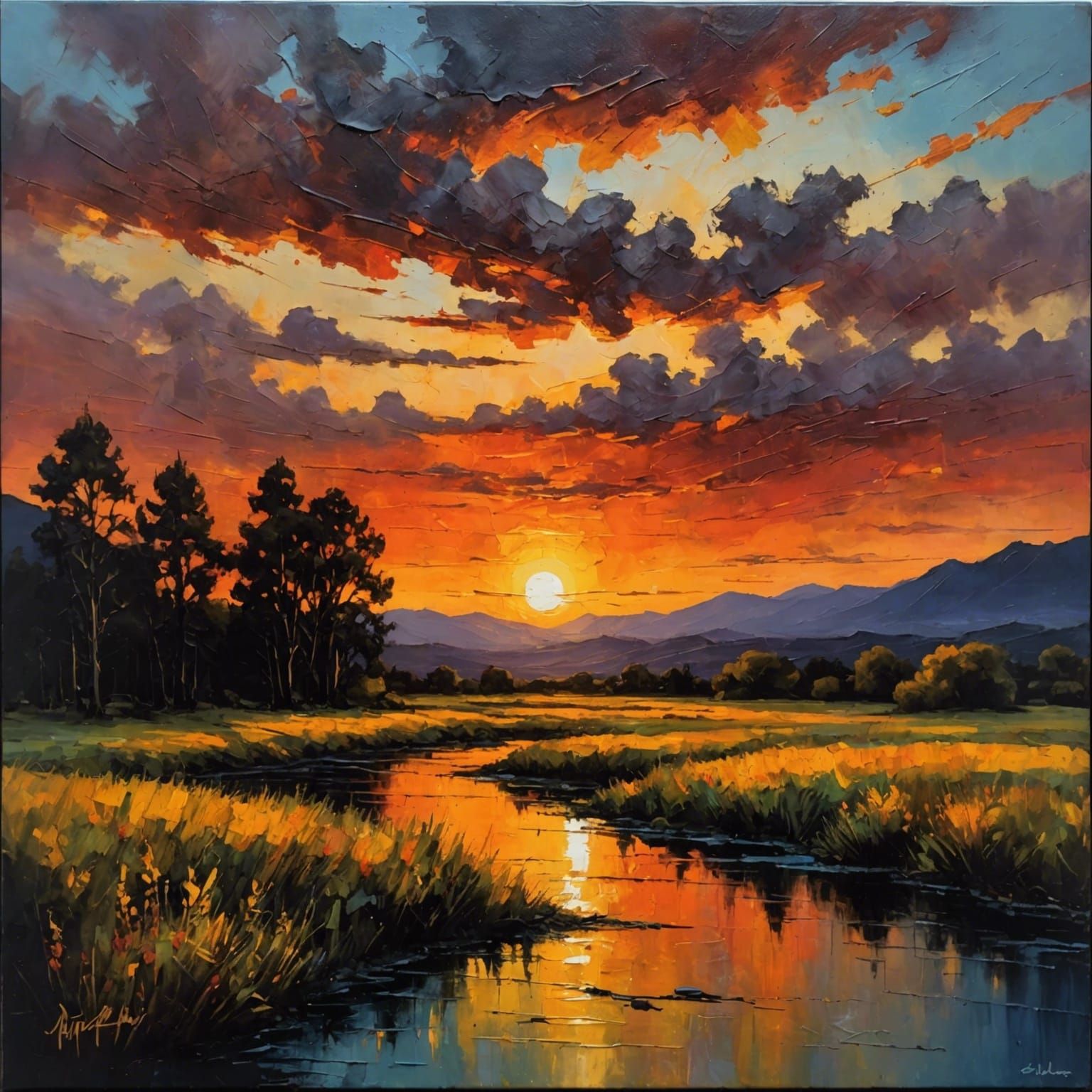 Encastic Sunset Painting with Impasto Texture