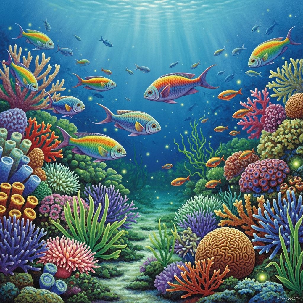 Rainbow Fish Swim Through Vibrant Coral Reef