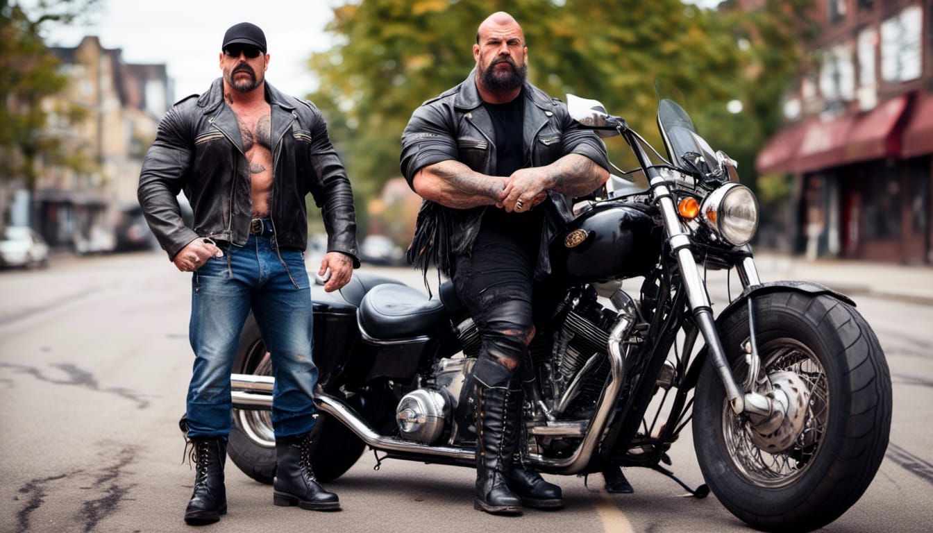 <lora:Macabre:1.0>  (((extremely large giant roid bodybuilder motorcycle cop, giant muscles, black leather jacket, denim...