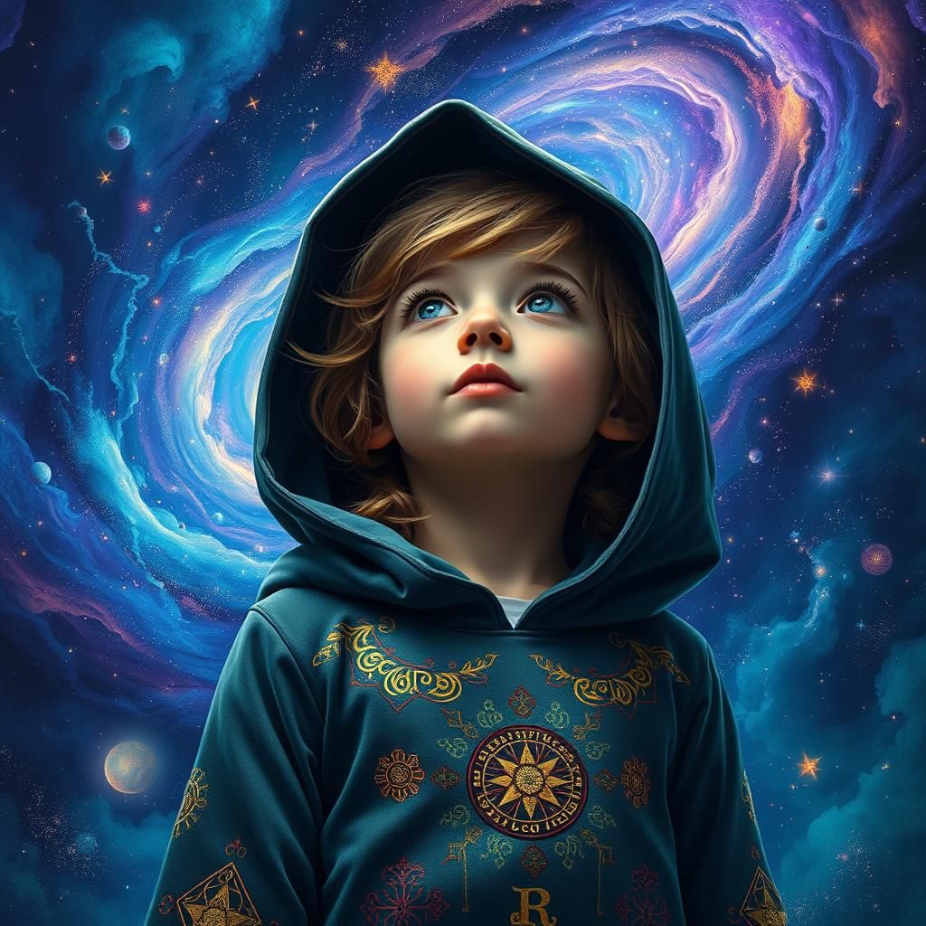 Girl Gazing at Magical Universe in Hyper-Realistic Style