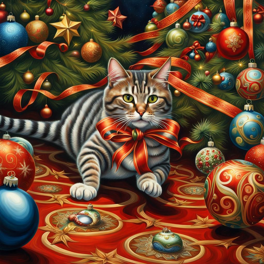 Festive Cat Chasing Christmas Ornament: Hyperrealistic Fanta...
