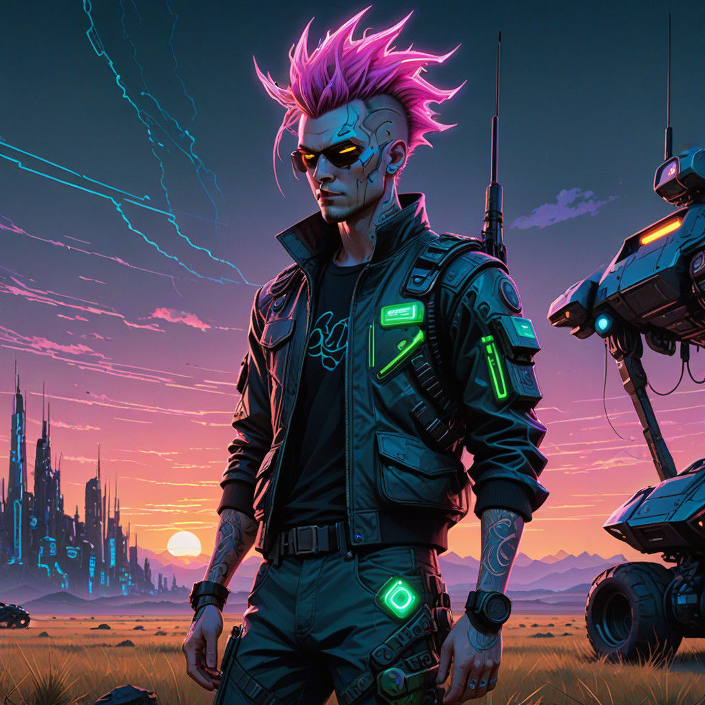 Cyberpunk Hacker in Neon-Lit Landscape