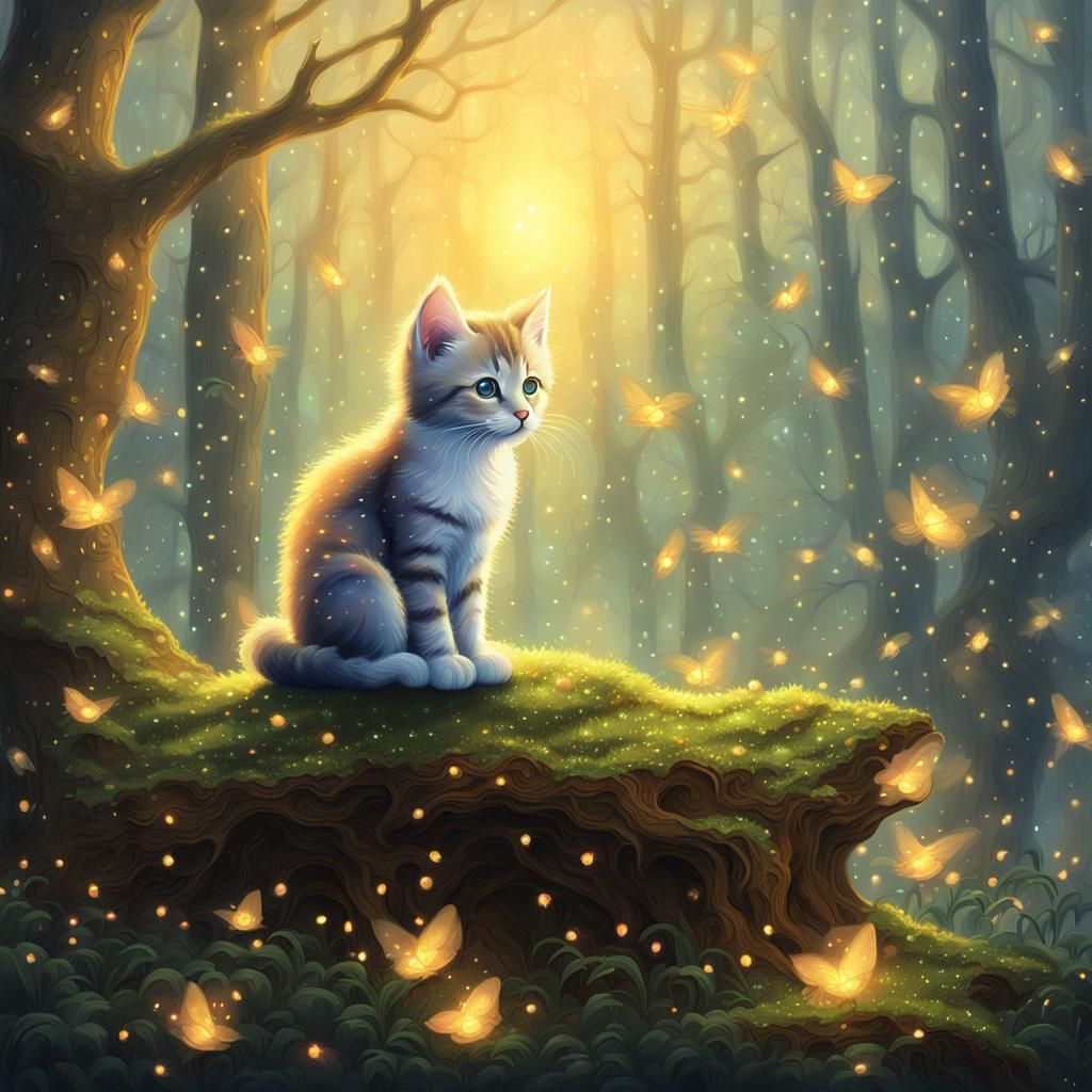 Kitten in Enchanted Forest: Ethereal Dot Art
