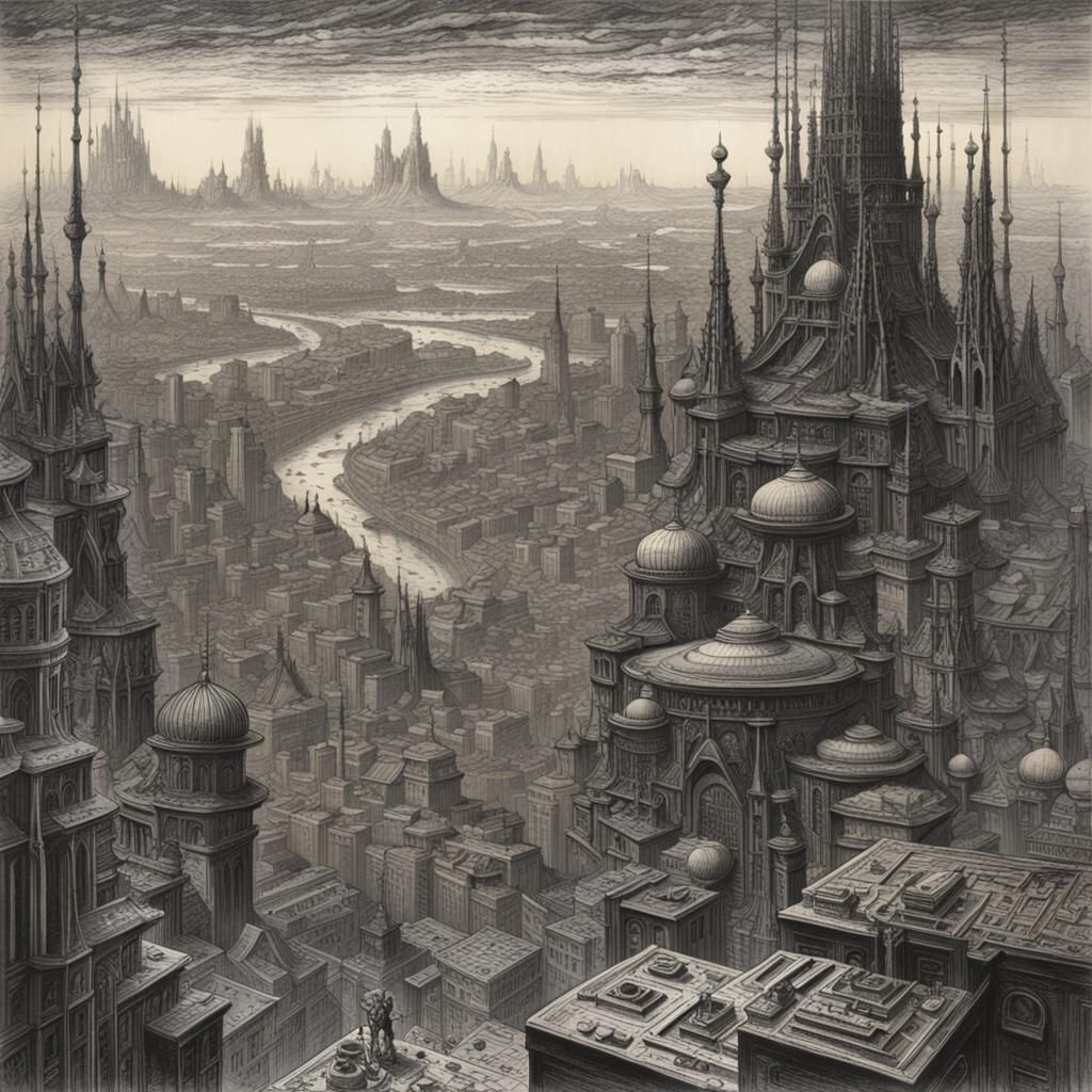 Cyberpunk Cityscape on Alien Planet as Woodcut Print