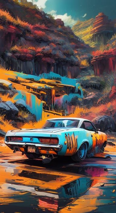 <lora:Colourful cars:1.0> A classic muscle car parked on a s...
