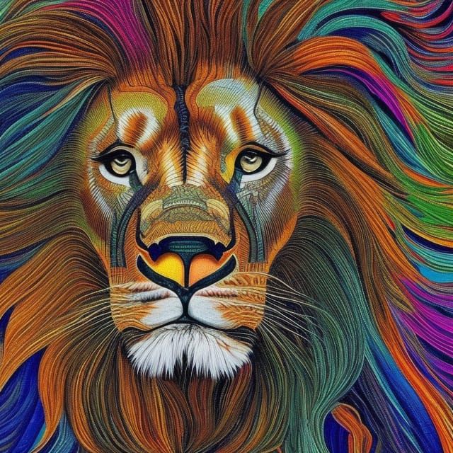A lion made of multi colored scales hyperdetailed intricately detailed analogous colors split-complementary colors hyper...