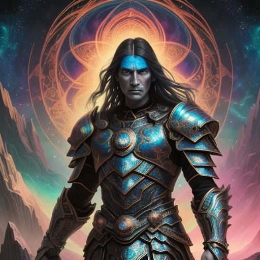 Astral Warrior in Cosmic Surrealism Landscape