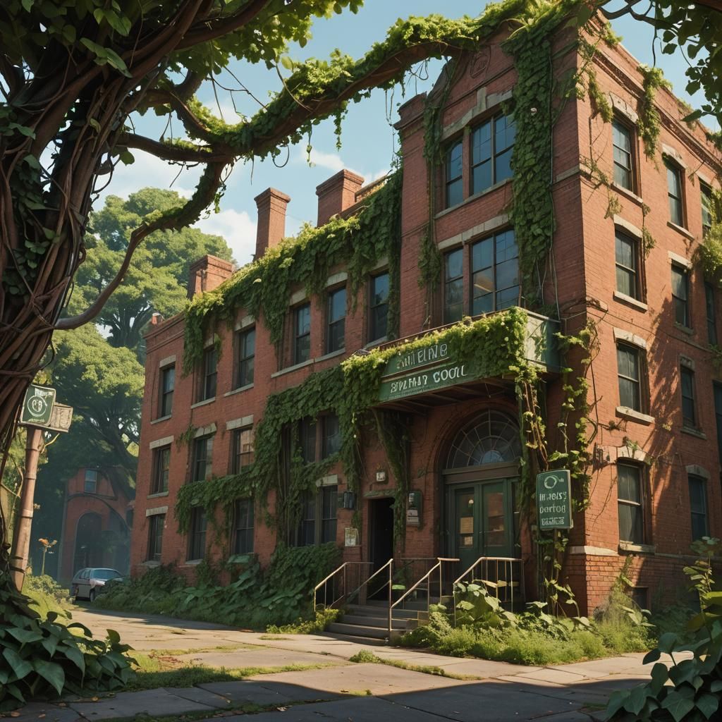 Eerie Abandoned School with Overgrown Vines