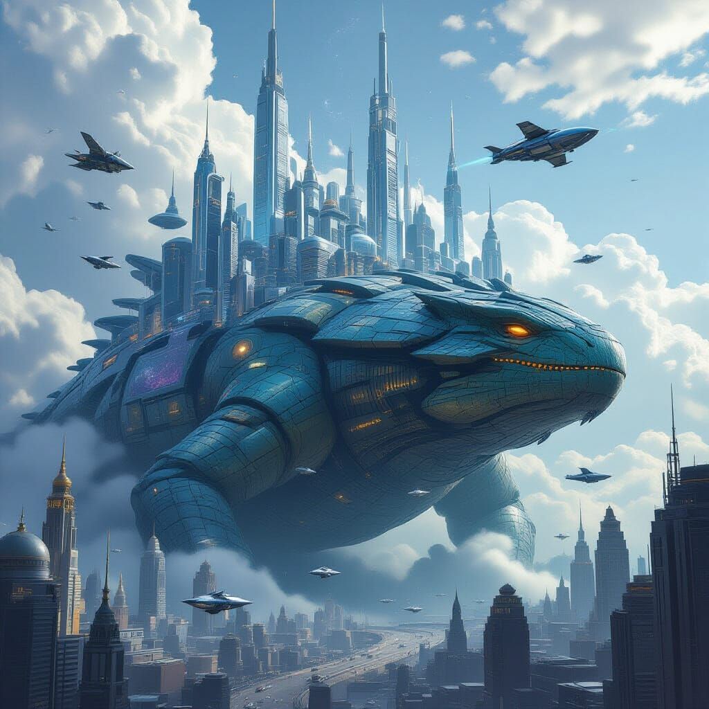 Futuristic City on Colossal Creature in Steampunk Style