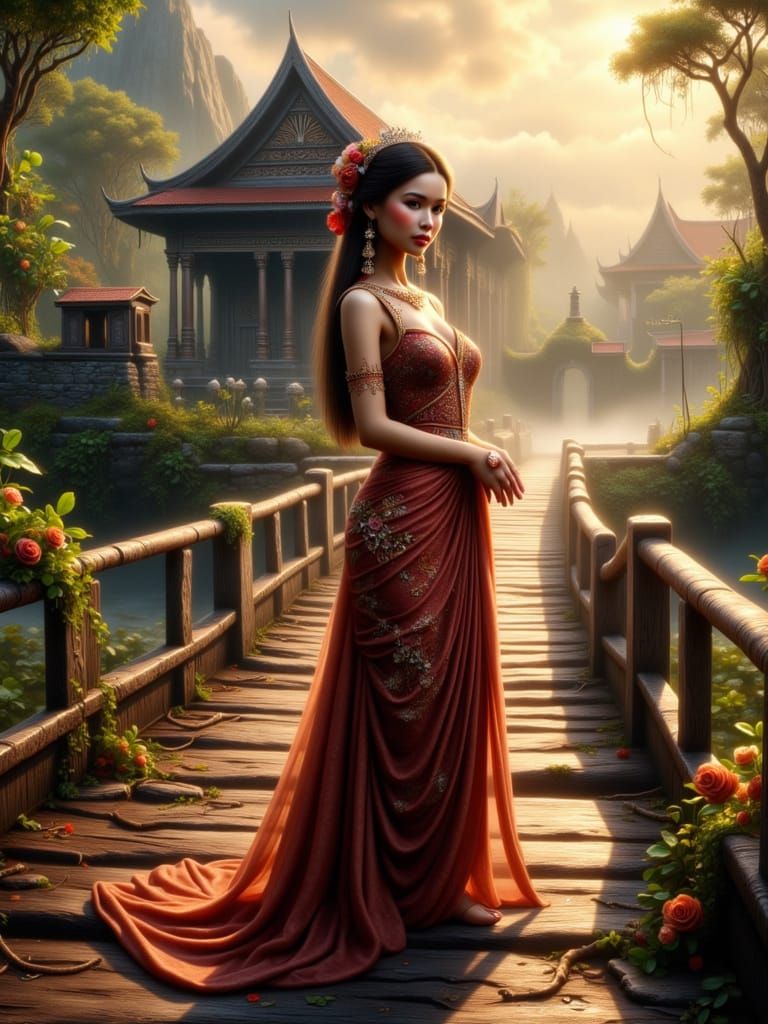 Malaysian Woman on Ancient Bridge at Dusk