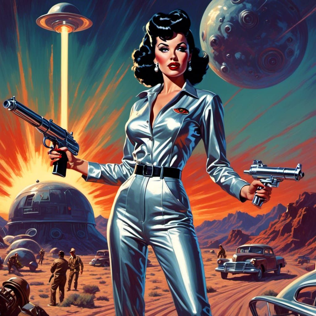 Retro Raygun Girl on Alien World, Pulp Art