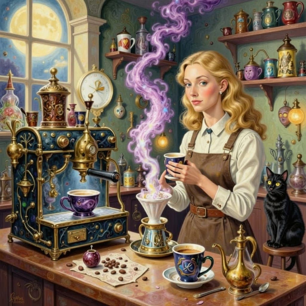 <lora:Ozbucks Coffee Shop:1.0>Add more magic and make the kitten cute to this vintage-style illustration, meticulously d...