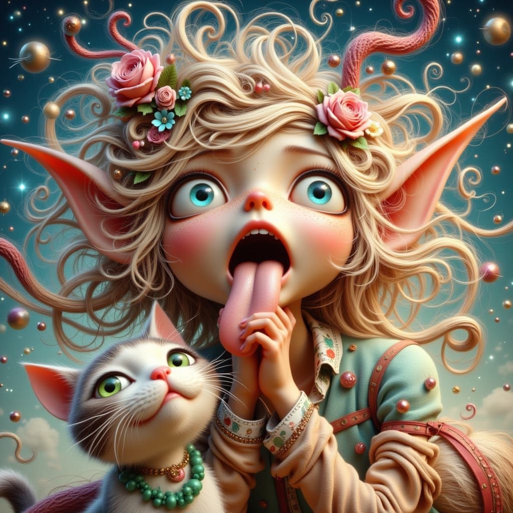 Whimsical Woman with Cat in Surreal Dreamscape