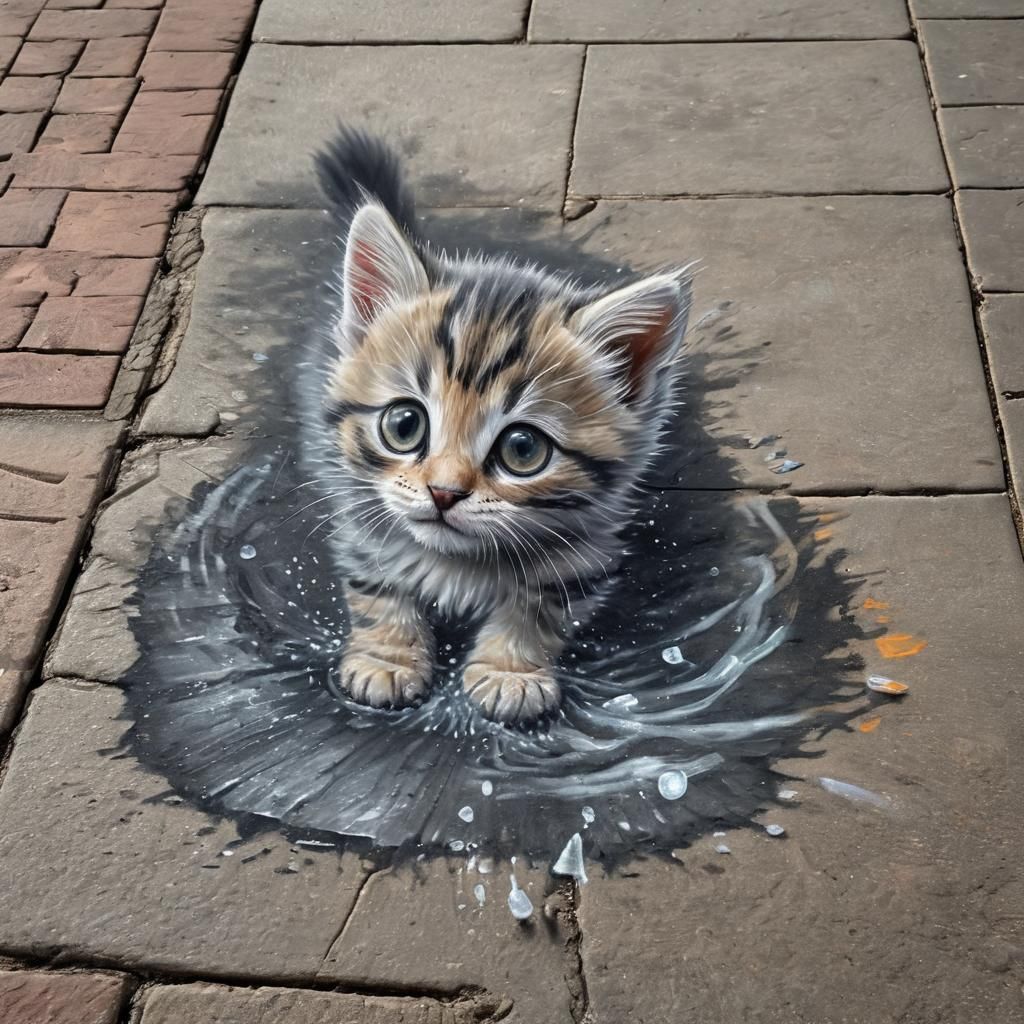 Chalk Art Kitten Playing in Puddle