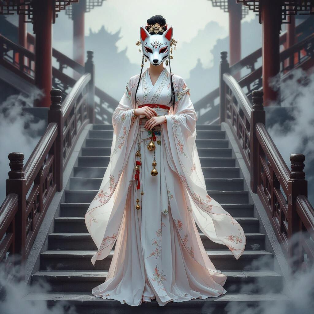 Celestial Maiden with Dog Mask on Ancient Staircase