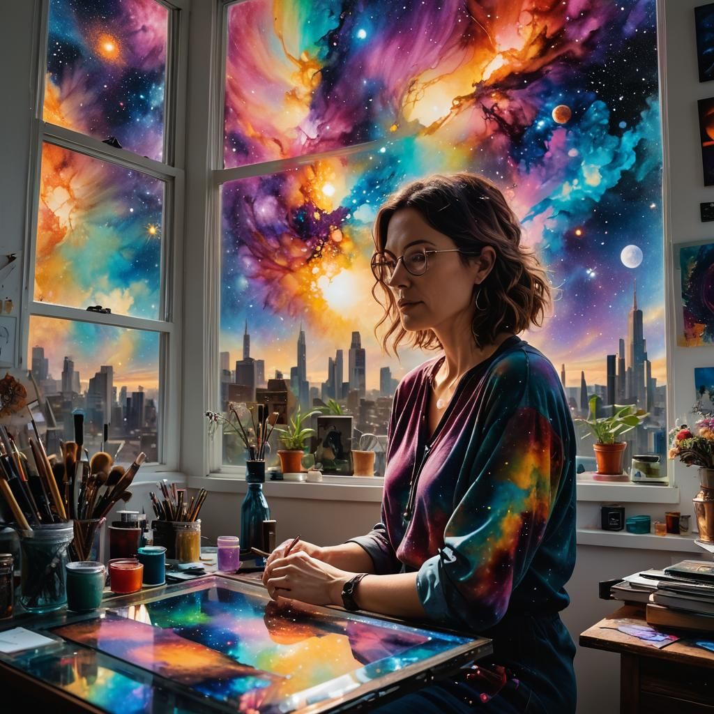 Artist's Studio with Galaxy View in Mixed Media