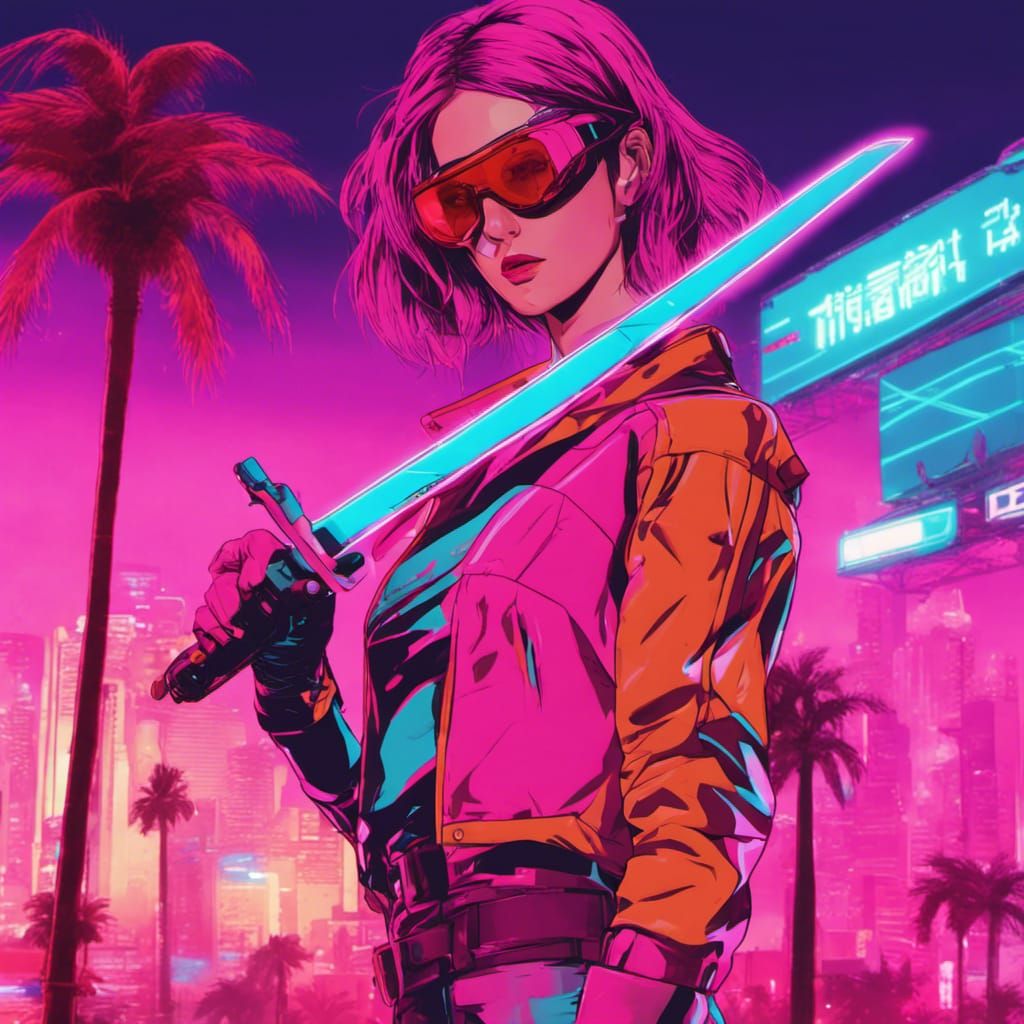 Anime Girl in Vice City with Sword in Cyberpunk Style