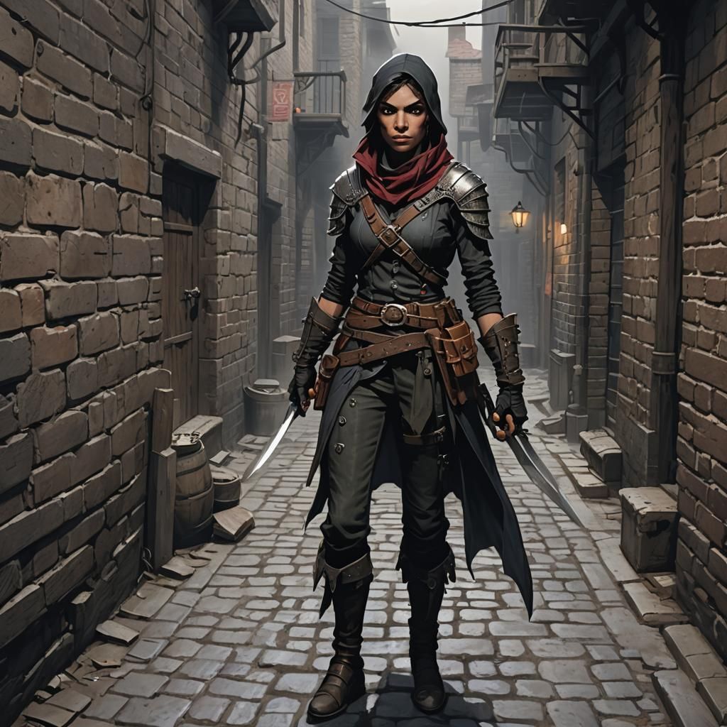 Female Bandit in Gloomy Baldur's Gate Alley