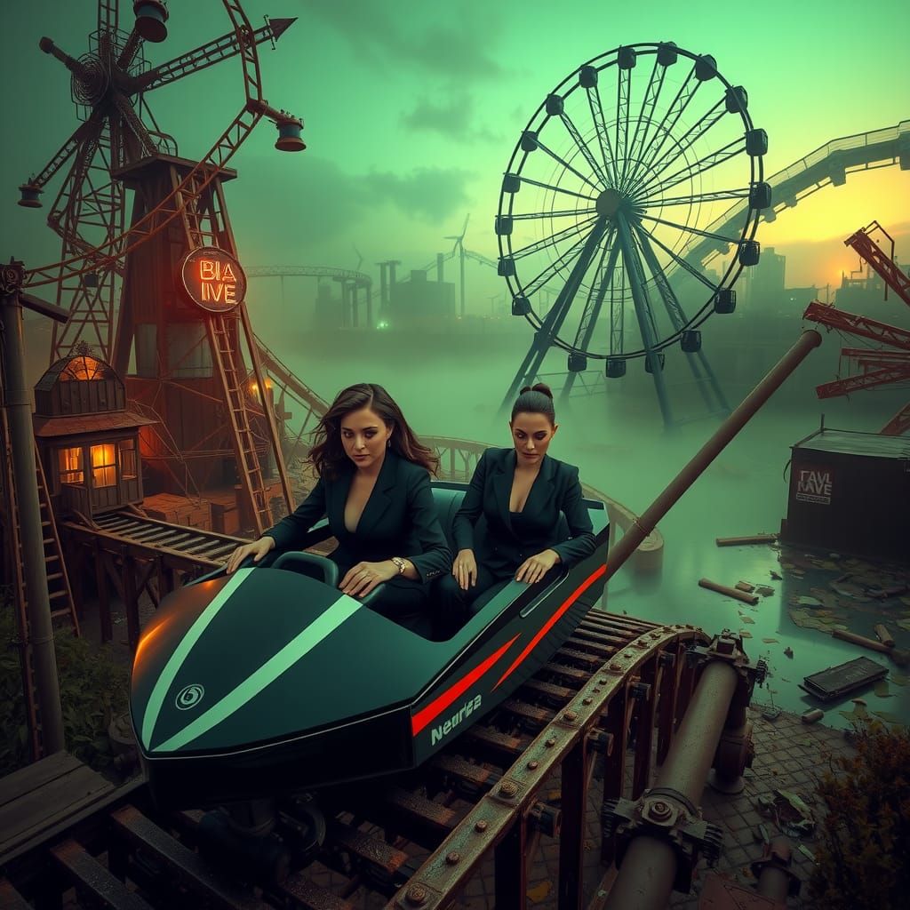 Businesswomen Ride a Rollercoaster Through Ruins