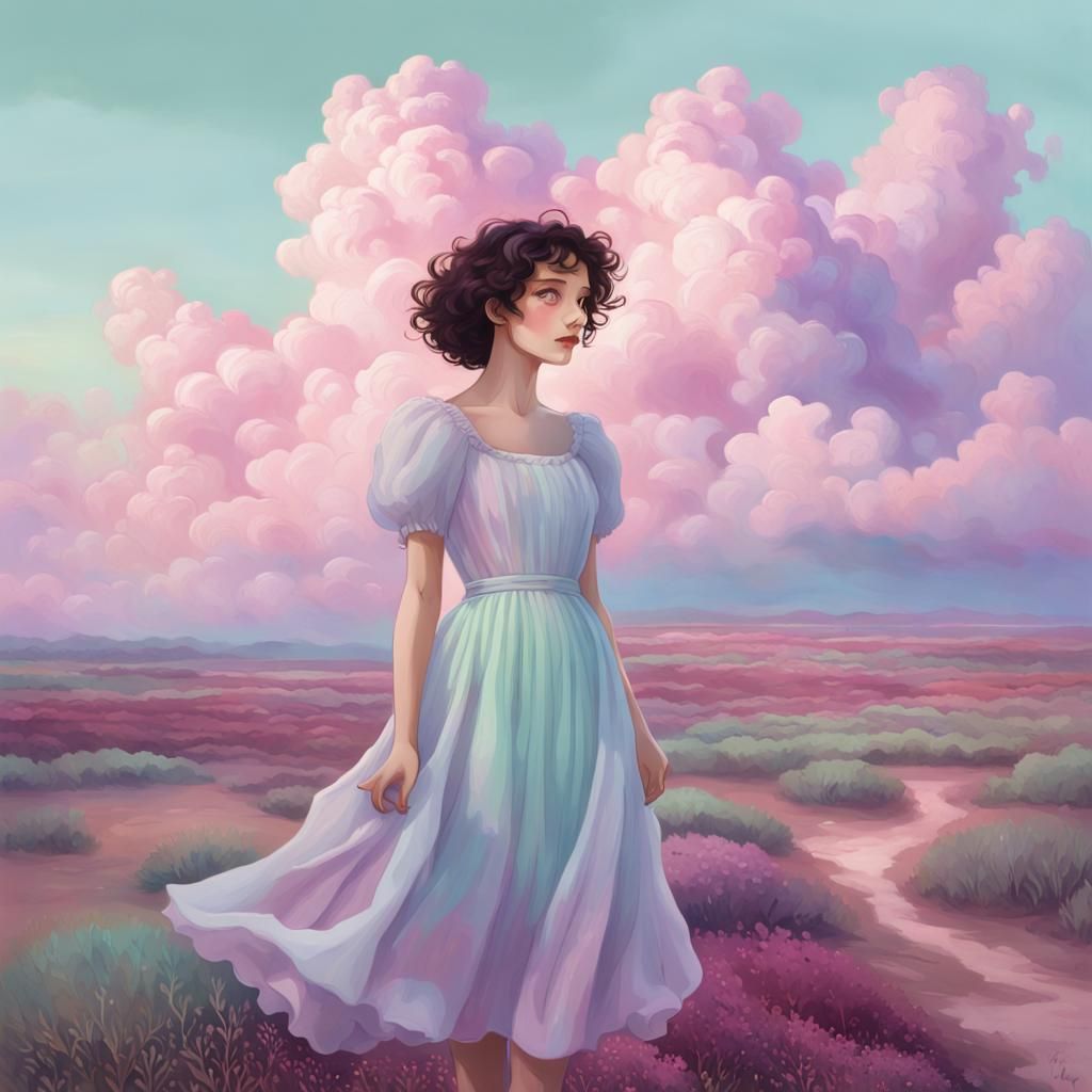 Dreamlike Pastel Landscape with Graceful Figure