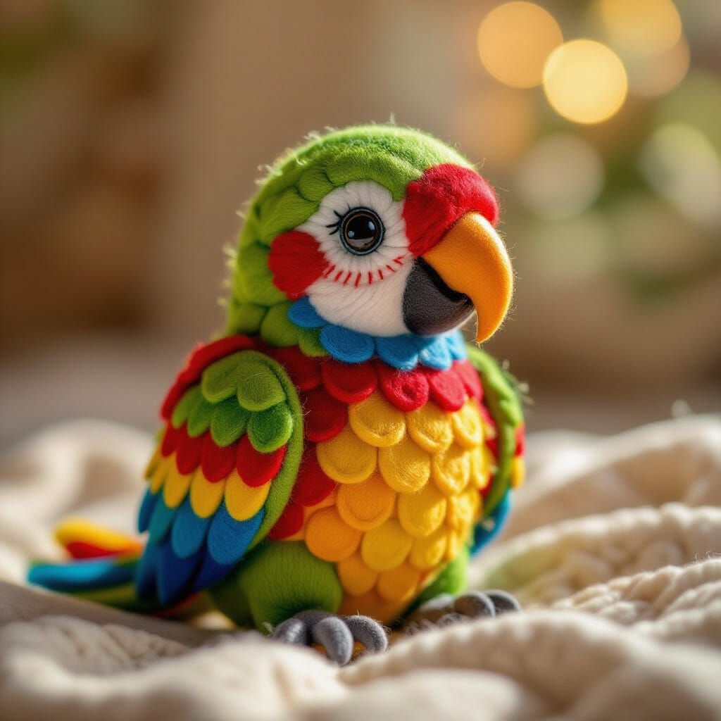 Colorful Felt Parrot Sculpture in Fiber Art Style
