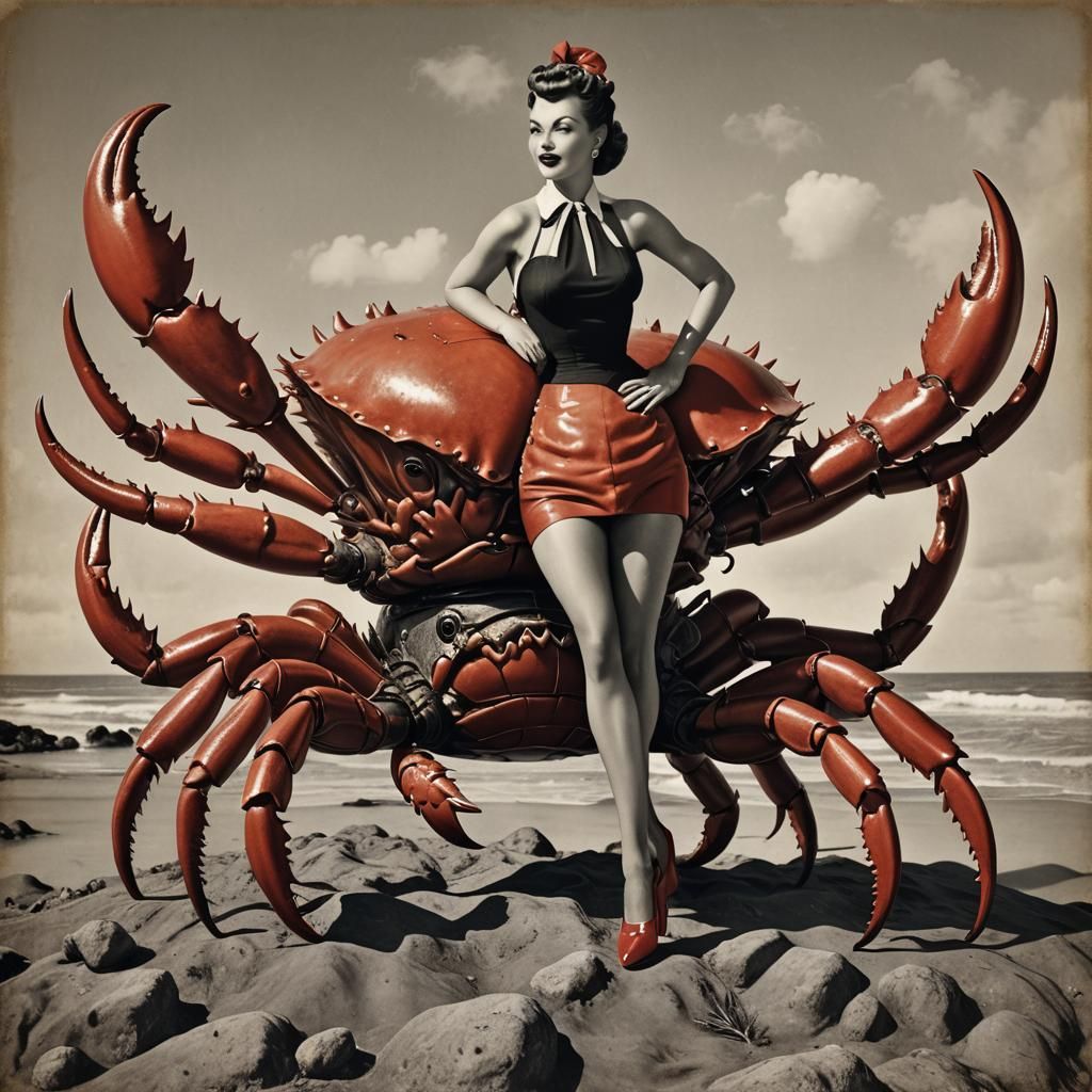 Pin-Up Model on Giant Crab: Vintage Surreal Photo