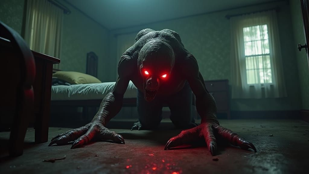 Monster Under Bed with Glowing Eyes
