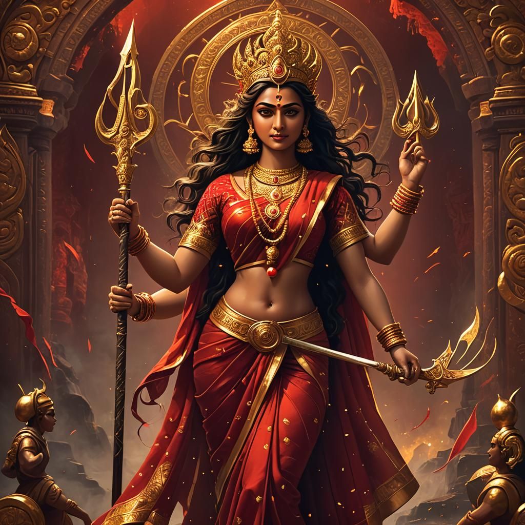 Goddess Durga with Trident: Detailed Matte Painting