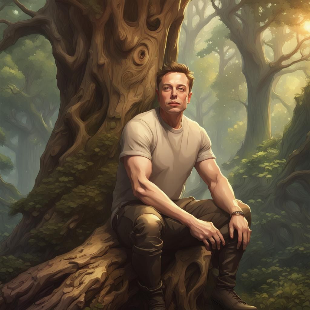 Elon Musk in Forest: Detailed Fantasy Art Portrait