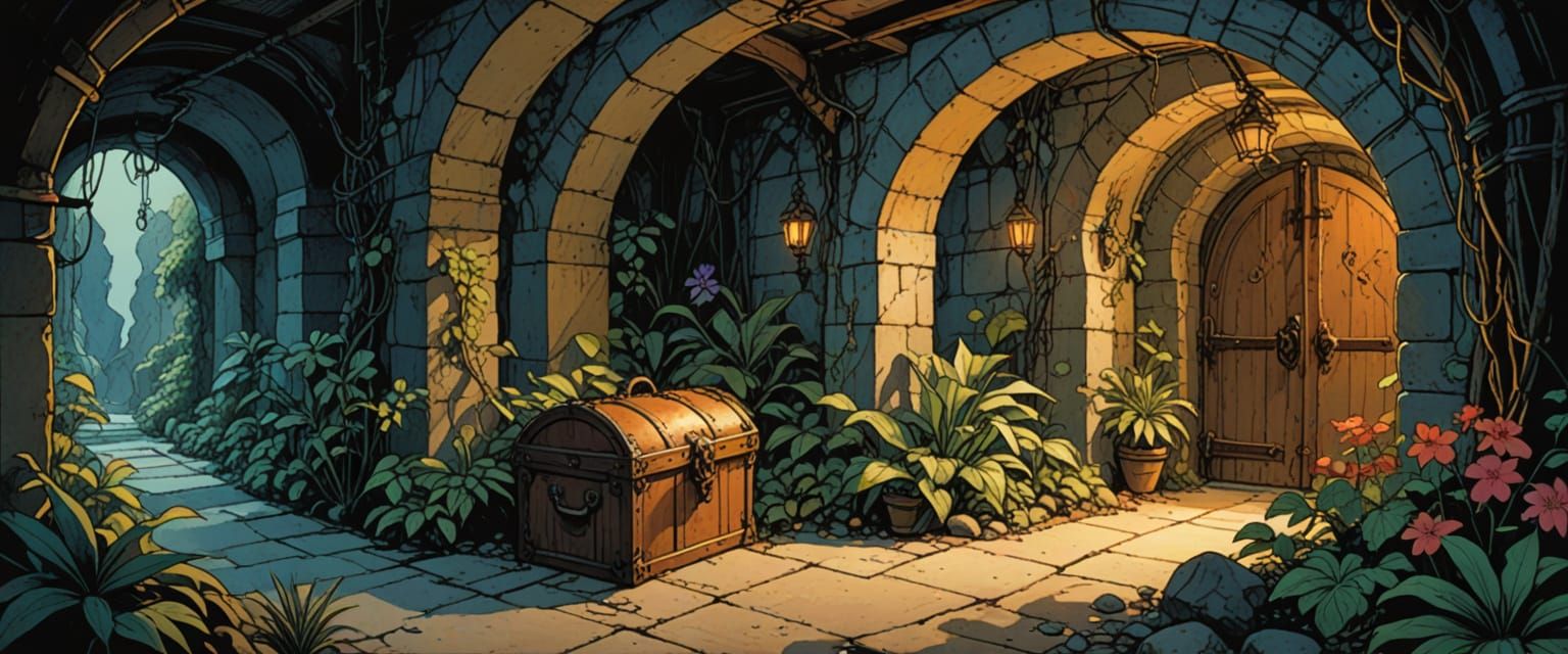 Mysterious Dungeon Passageway with Goblins and Treasure