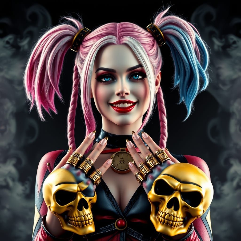 Harley Quinn Portrait with Pink Blue Dreadlocks and Skull Ma...