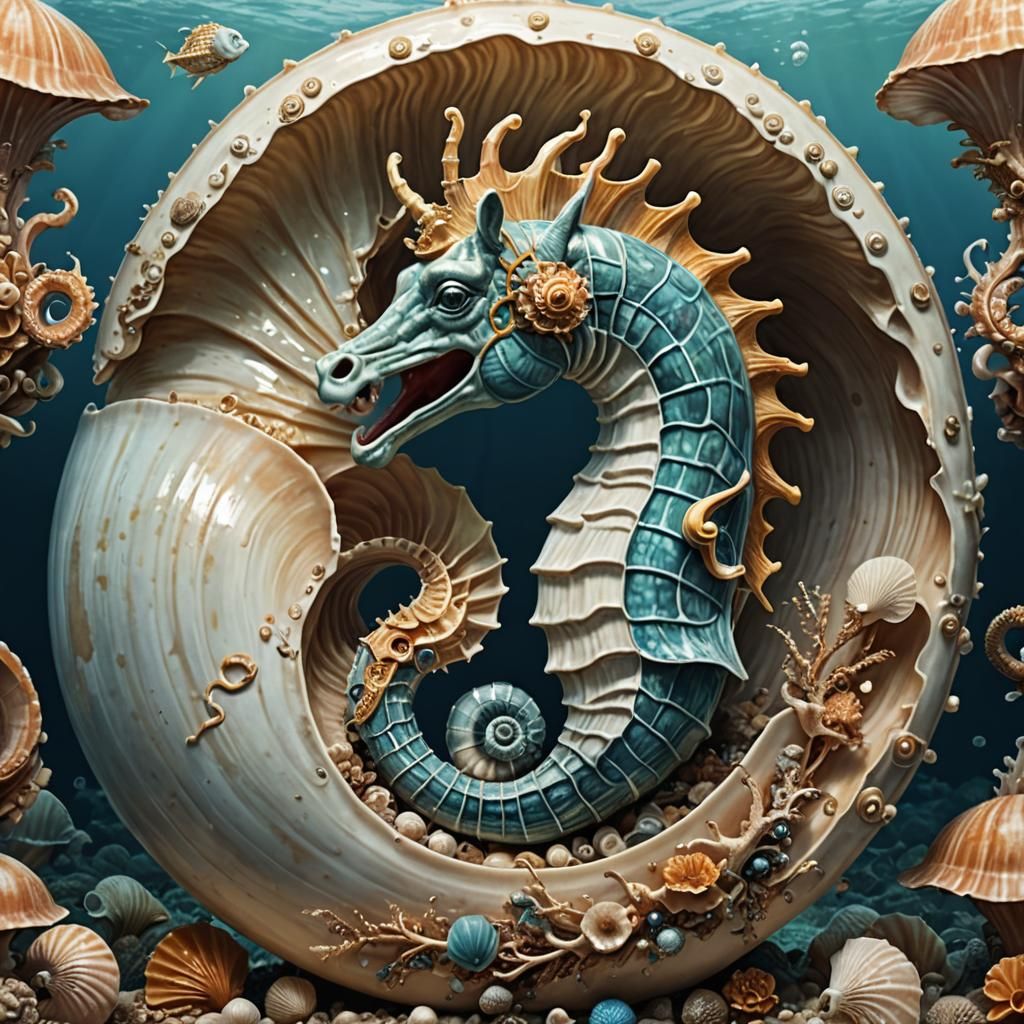 Mythological Sea Horse in Nautilus Shell