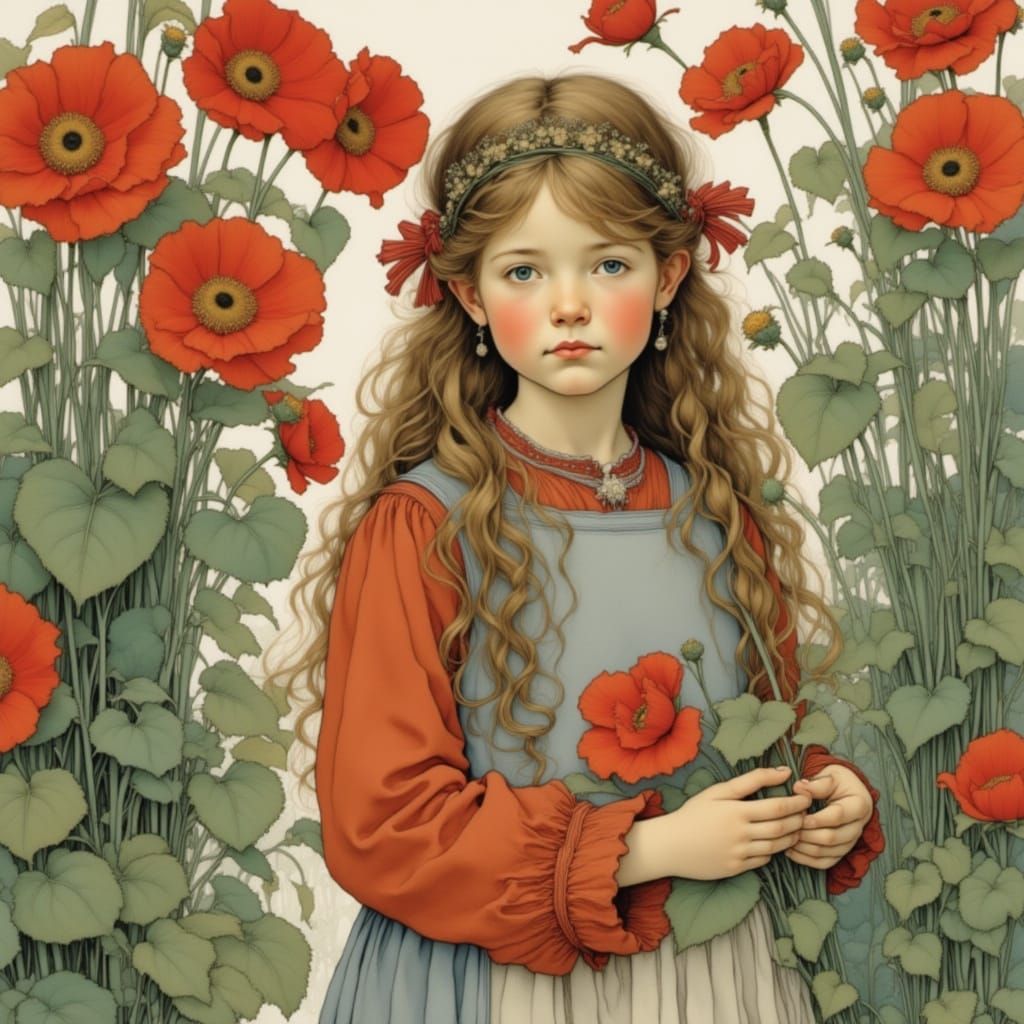 Whimsical Watercolor Girl in a Dreamlike Landscape