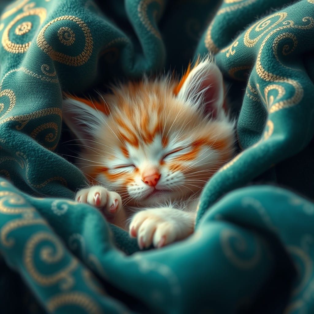 Cute Kitten Sleeping in Enchanting Jewel-Toned Blanket