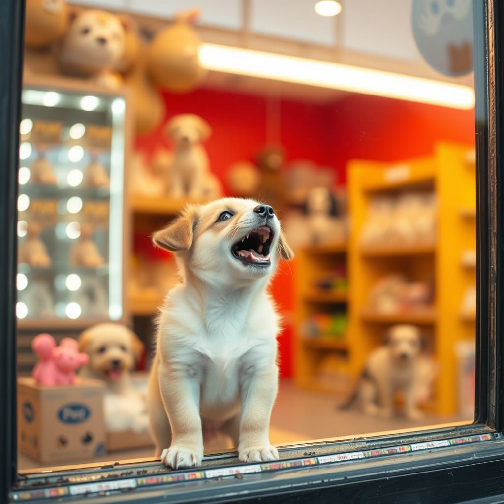 Cute Puppy Looks Out Pet Shop Window