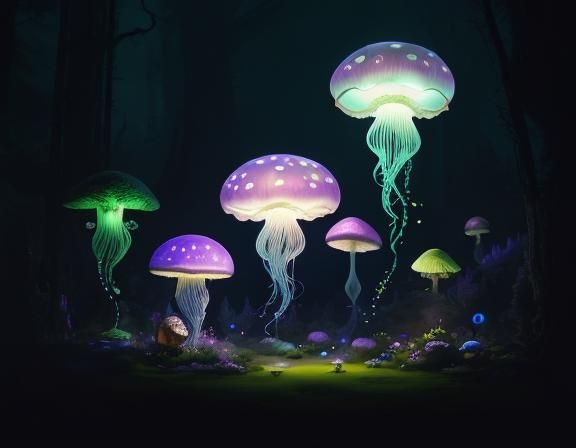 Jellyfish in Toadstool Forest, Beatrix Potter Style
