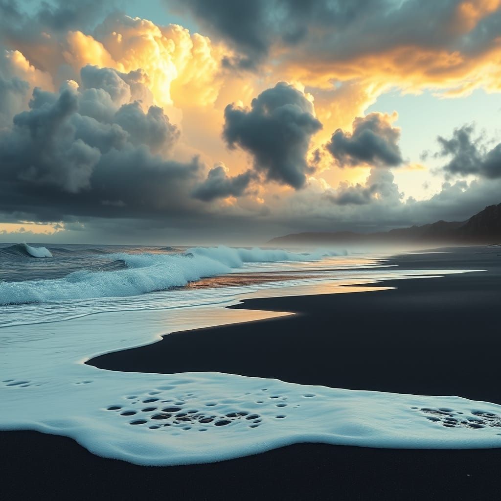 Majestic Black Sand Beach Under Dramatic Sunset