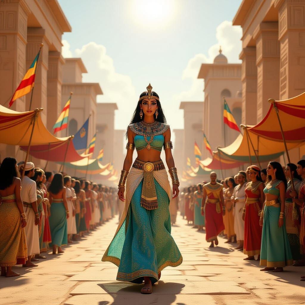 Ancient Egyptian Procession with Regal Woman in Vibrant Atti...