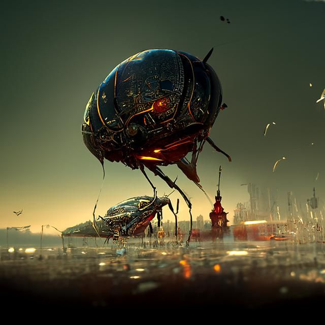 Dystopian City Under Attack by Alien Insect Ship