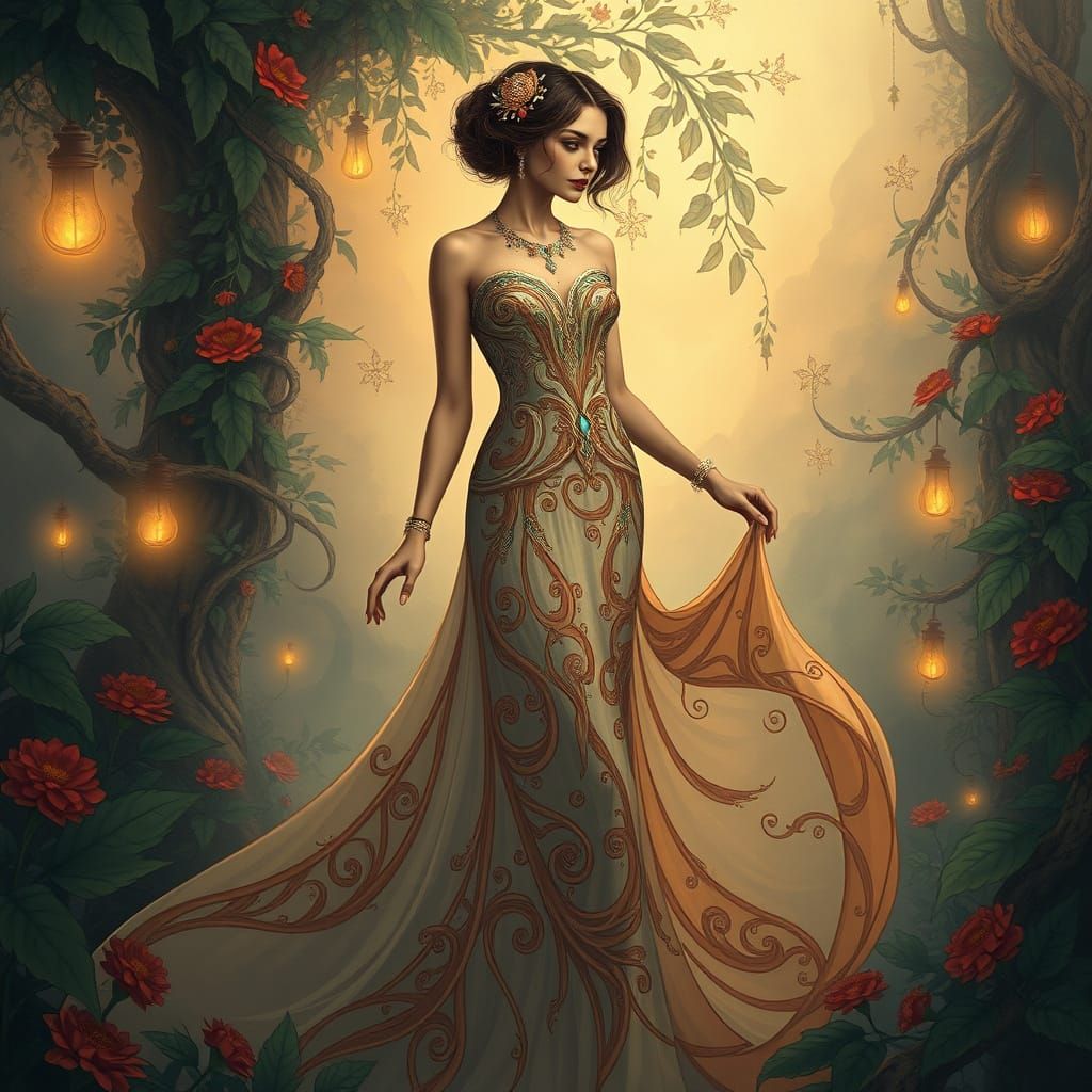 Ethereal Art Nouveau Goddess in a Whimsical Fantasy Realm