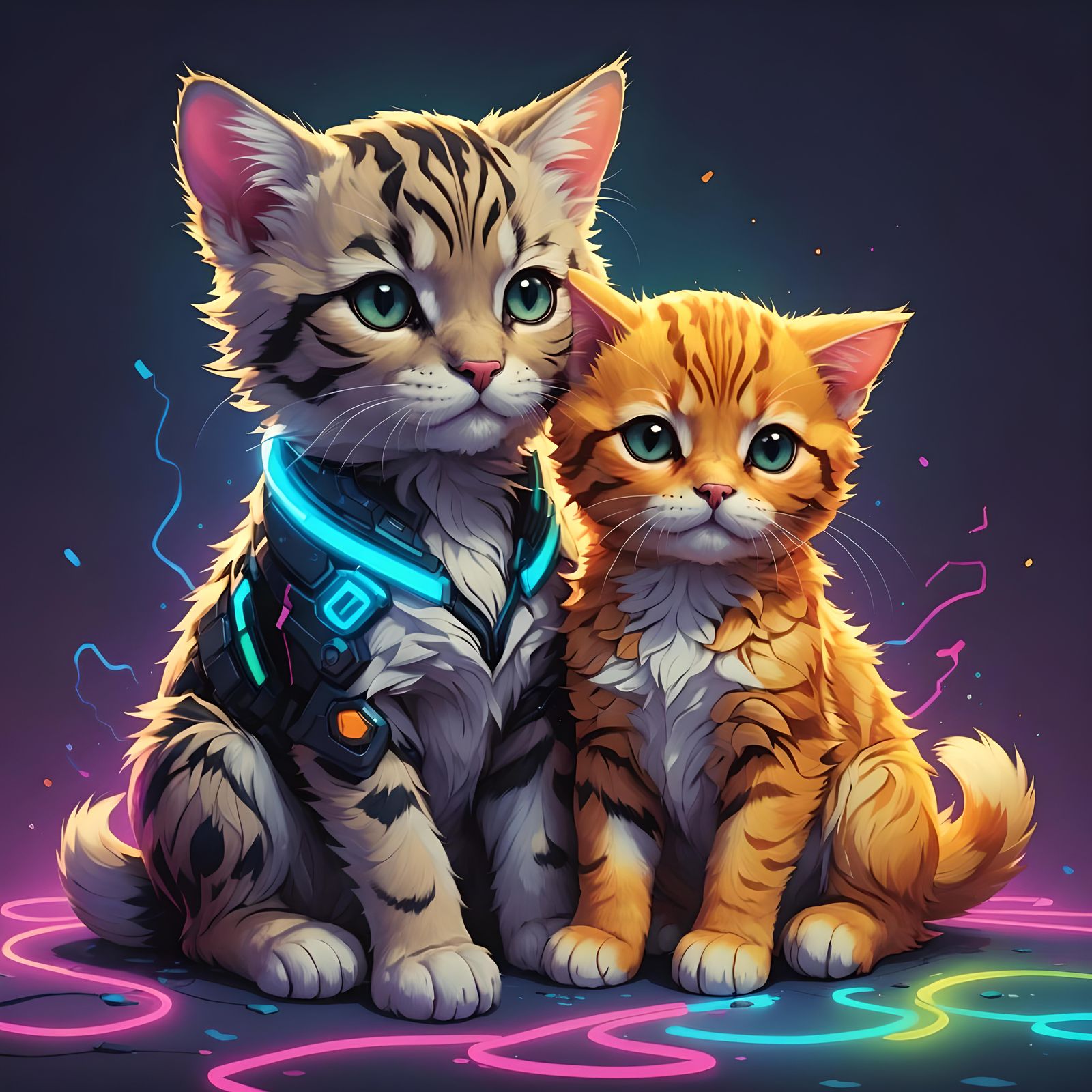 Chibi Cat and Dog Cuddling in Neon Art Style