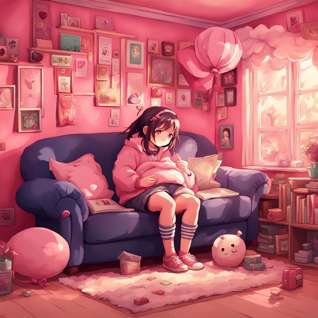 Anime Style: Girl with Inflated Belly in Cozy Room