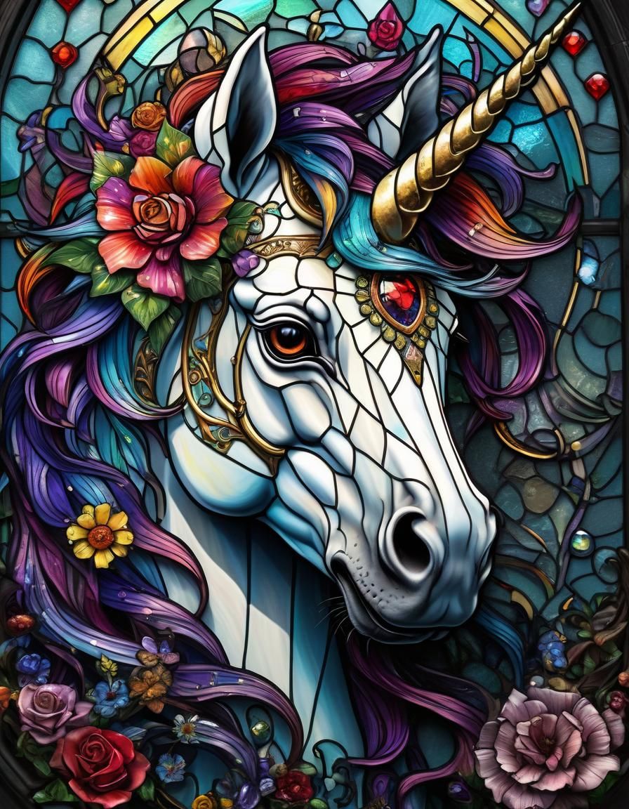 Rainbow Unicorn Stained Glass Fantasy Art