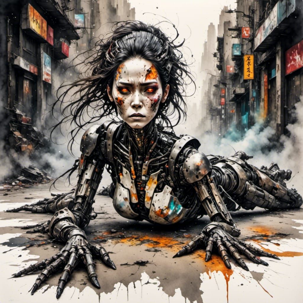 Broken Cyborg in Post-Apocalyptic Cityscape