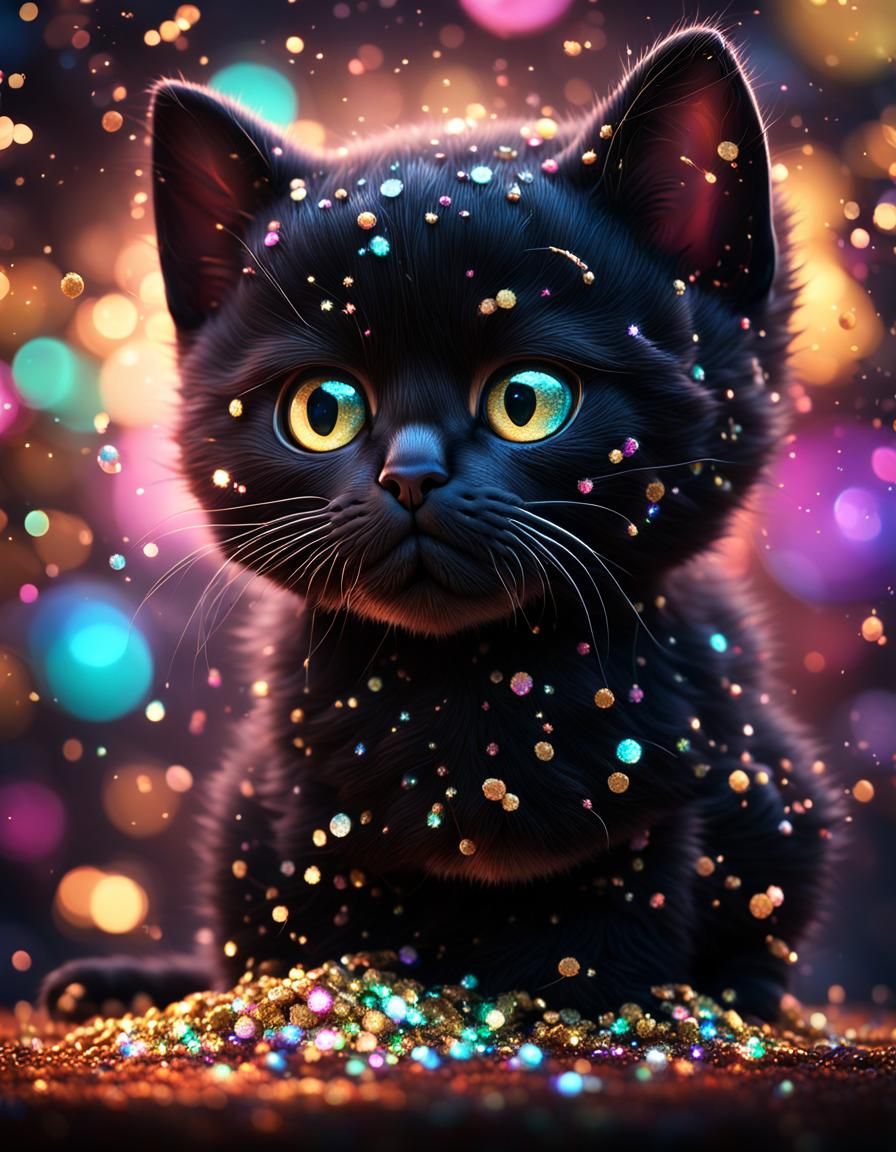 Glittery Black Kitten Portrait in Hyperrealistic Digital Art