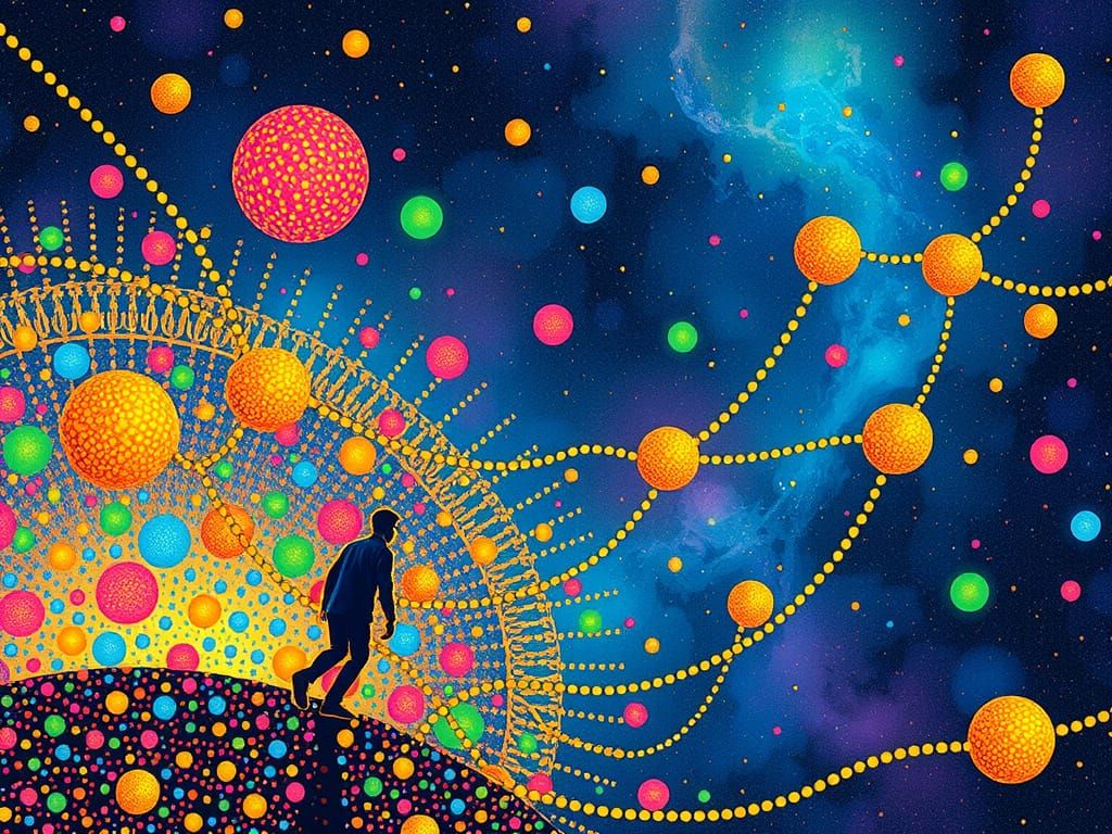 Surreal Pointillist Fantasy World with Orbs and Paths