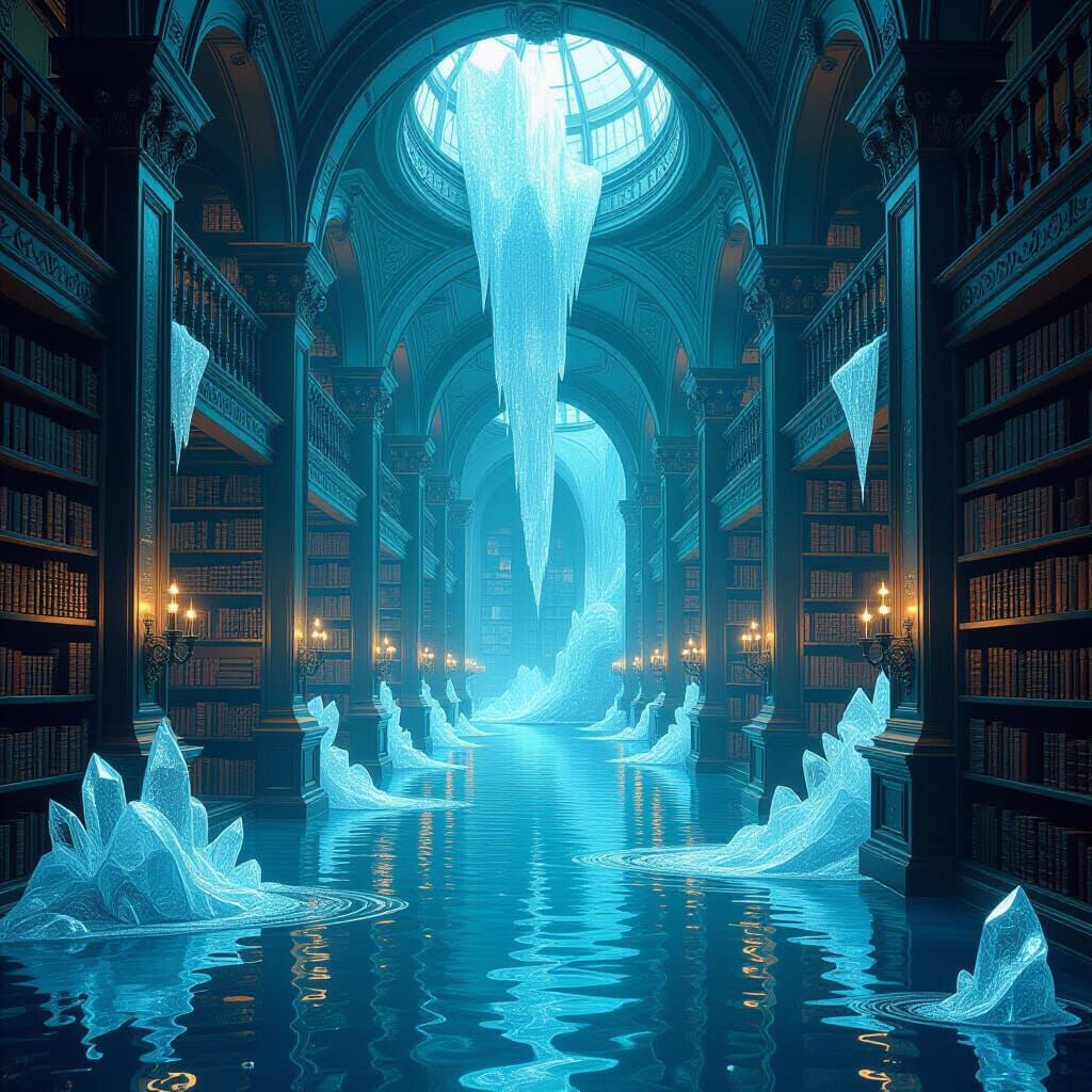 Enchanted Library With Water Bookshelves and Crystal Books