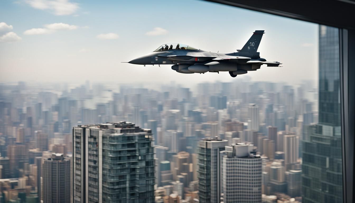 Hyperrealistic F-16 Fighter Jet Approaches Skyscraper